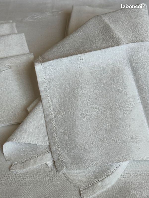 Lot Linge De Table Damassé - Nappe 158x138 + 6 Serviettes - Monogramme SE