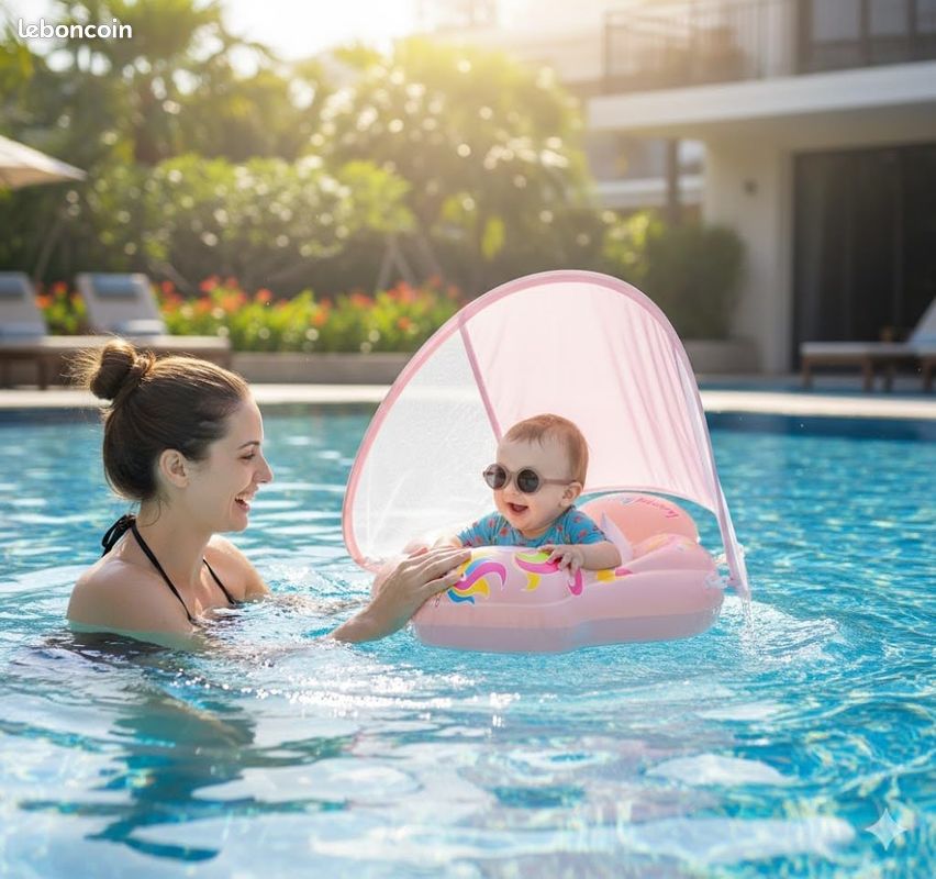Bouée Bébé Gonflable avec Pare-Soleil Anti-UV – Siège de Piscine Sécurisé – Design Cartoon - Bleu