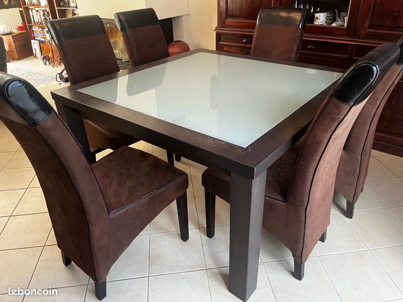 Table carrée plateau verre + 6 chaises — Élégant ensemble salle à manger » (image 1)