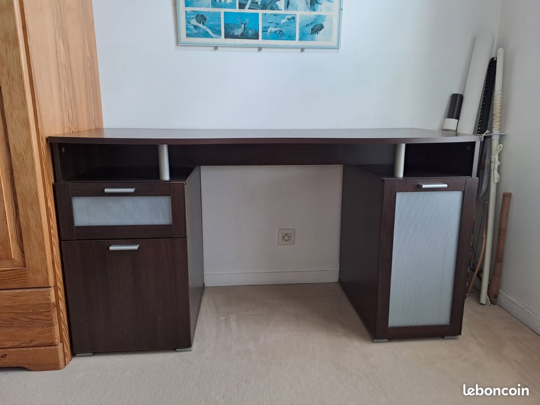 Bureau moderne marron foncé avec rangements - 140x60x76 cm (image 1)