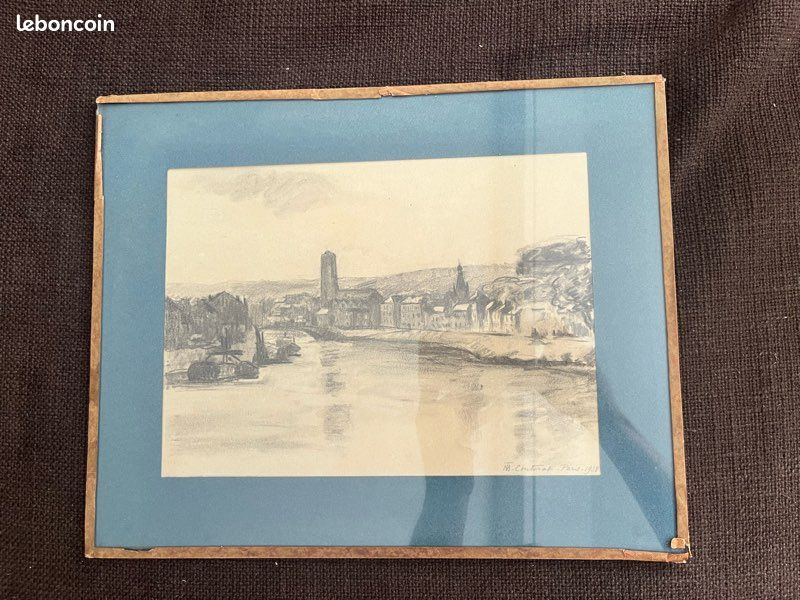 Dessin au fusain paris port de saint Paul 1933 (image 1)