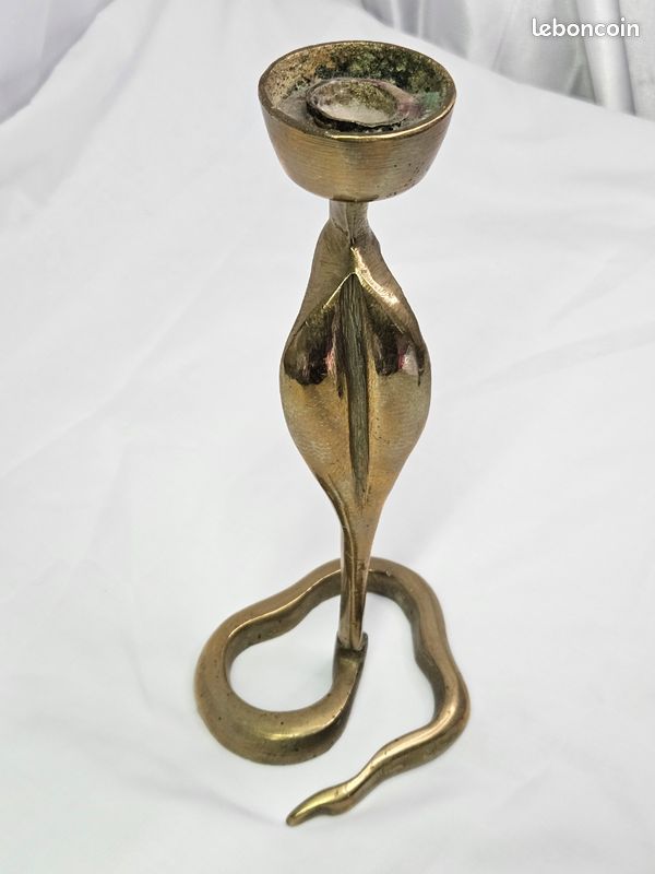 Bougeoir Ancien En Laiton / Bronze - Forme Cobra Serpent - Décoration Vintage