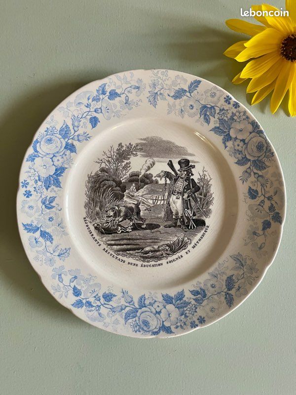 Assiette parlante Niderviller ancienne – décor floral bleu (image 1)