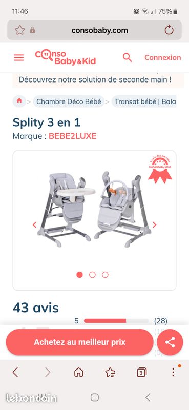 Chaise haute SPLITY 3 en 1 : transat,chaise haute et balancelle électrique (image 2)