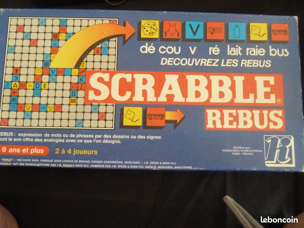 Jeu de société scrabble rebus vintage édité par Habourdin en 1985, combinant les principes du Scrabble classique et des énigmes visuelles en rébus (image 1)