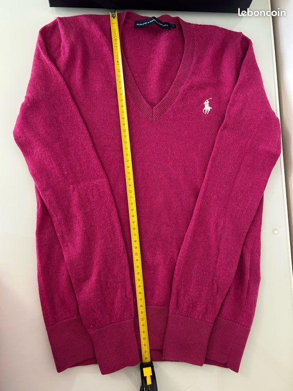 Pull col V en laine Rose Vintage- Polo Ralph Lauren- Taille S