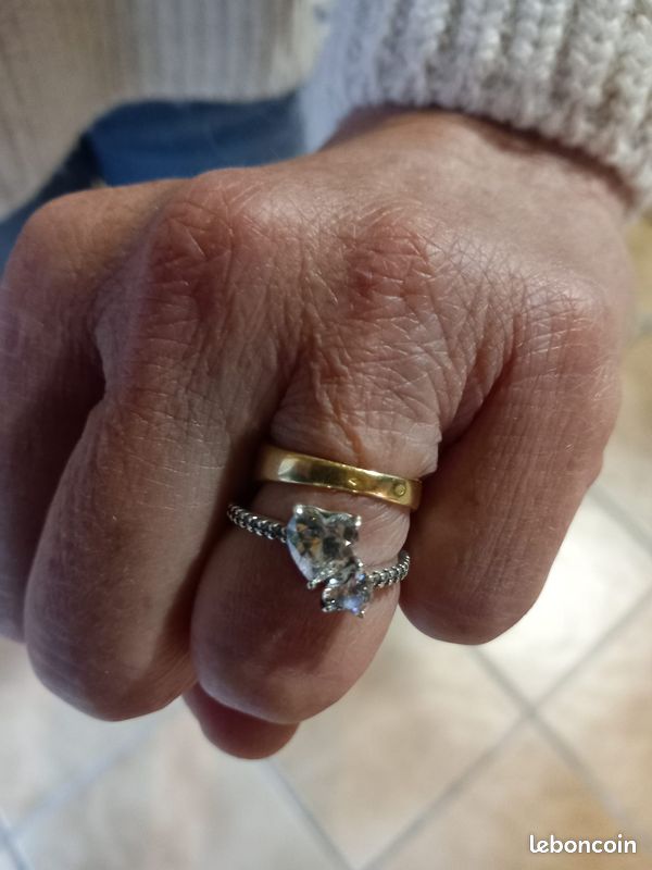 Ancienne Bague En Argent Massif 925 - Jonc Alliance Double Cœur, Taille 50
