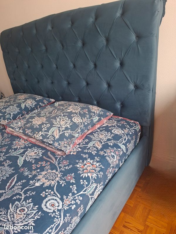 Lit Velour Capitonné Bleu 160x200 (image 1)