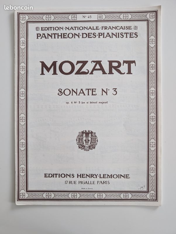 Partition piano Mozart sonate n°3 op4 sibM ed Lemoine (image 1)