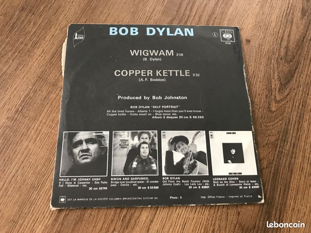BOB DYLAN : Wigwam / Copper Kettle 7" 45T 1970 French CBS 5122 BIEM (image 2)