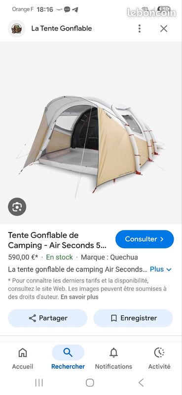 Tente gonflable de camping quechua Air Seconds Équipement