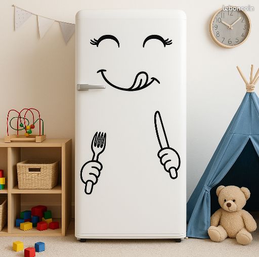 Autocollant de réfrigérateur Smile pour décoration murale Home Wall Art Cuisine Sticker décoratif Fenêtre amovible humoristique Réfrigérateur Poster Transfert Enfants Fourche Couteau Panneau