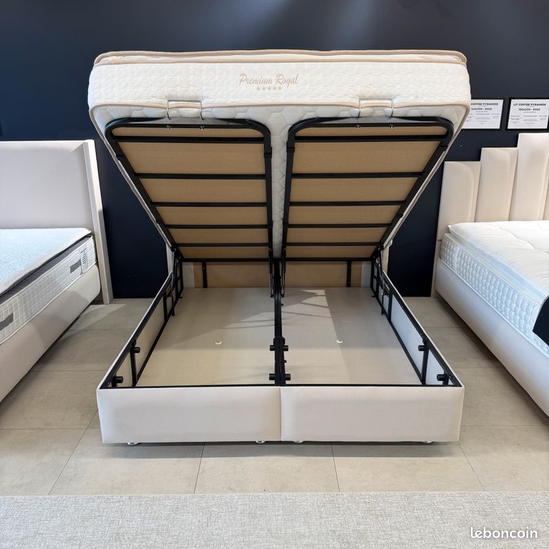 Lit coffre tokyo bari velours beige 160x200 avec sommier intégré et matelas en option 140x190 180x200 90x190 (image 5)