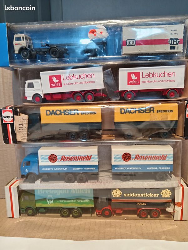 Lot 5 Camions Wiking + 1 Roco Échelle HO 1:87 – Collection De 6 Camions Transport Internationaux, Marques Wiking Et Roco, échelle HO 1:87, En Boîtes, Pièces Complètes (roues, Rétros), Modèles Réduits Pour Train Miniature Ou Diorama