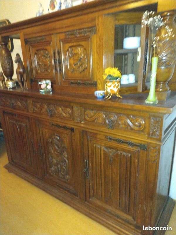 Salle à Manger Bretonne Complète En Bois Massif - 8 Pièces (table, Buffet, 6 Chaises)