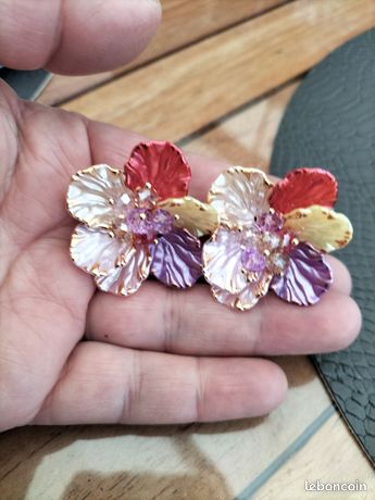 Boucles D'oreilles à Clips Vintage Années 80 - Fleurs Strass Multicolore - Occasion