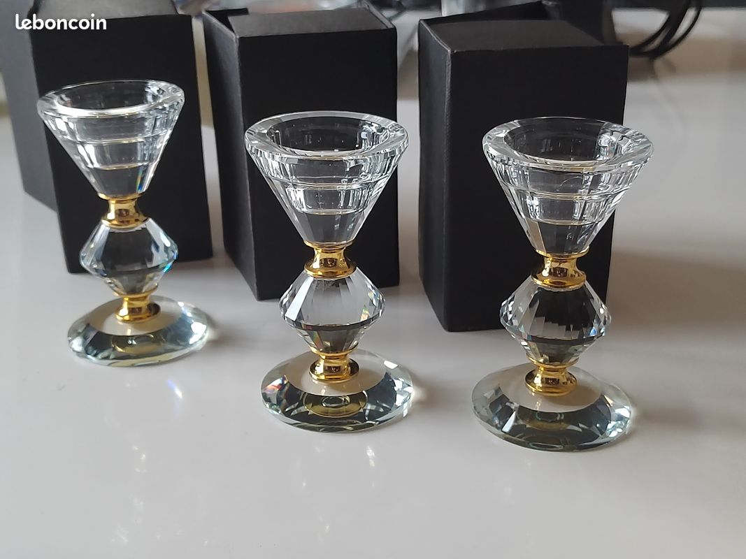 Lot De 3 Bougeoirs En Cristal - Transparent - État Neuf