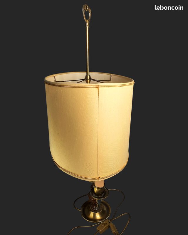 Ancienne et très belle lampe bouillotte Vintage Vacman France laiton & bois tourné 76 cm (image 10)