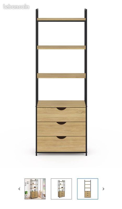 Étagère bibliothèque 4 niveaux 3 tiroirs design industriel 170cm (image 3)