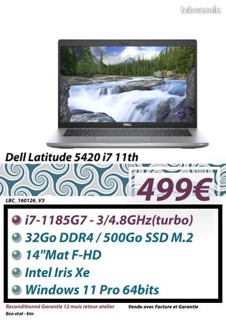 PC Portable Dell Latitude 5420 Reconditionné - I7-1185G7, 32Go RAM, 512Go SSD, 14" FHD