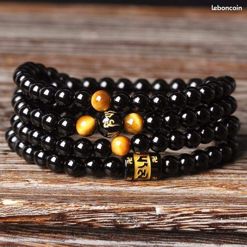 Bracelet collier Tibétain mantra multitour en Agate noire et Oeil de Tigre (image 1)