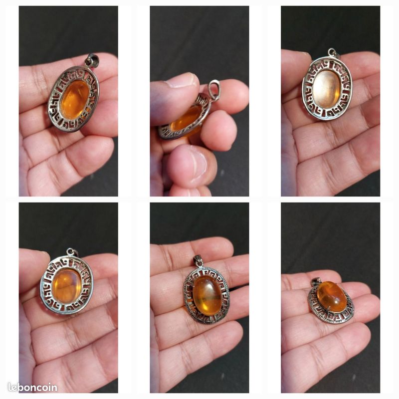 Pendentif Ovale En Argent 925 Avec Ambre Jaune - Bijou Vintage, Pierre Précieuse, Neuf