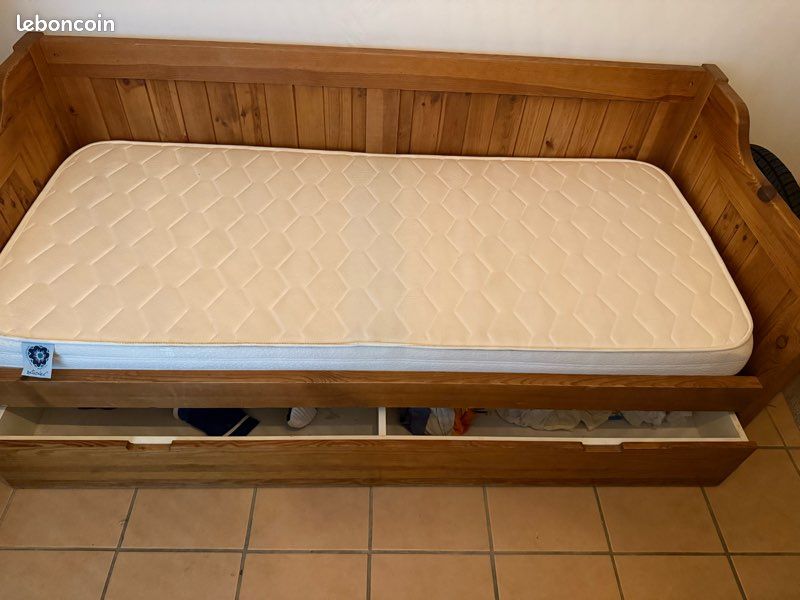 Lit banquette en bois avec grand tiroir de rangement + matelas (image 2)