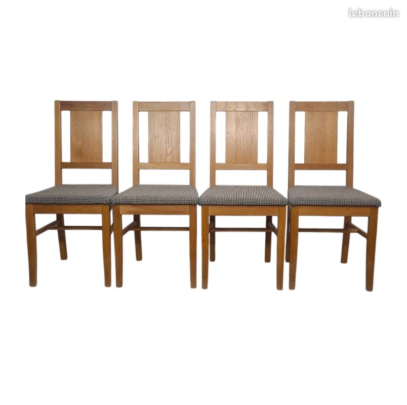 Lot de 4 chaises Brutalistes en chêne et tissu à carreaux, Danemark, années 1960 (image 1)