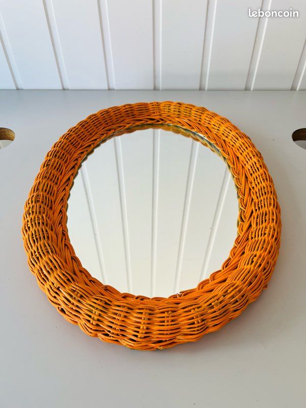 Miroir Ovale en Osier Tressé Orange Vintage Années 70 (image 3)