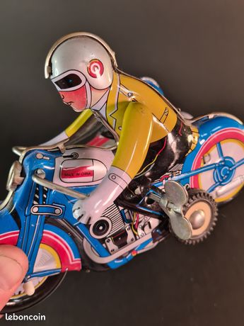 I148 - Moto ancienne tôle avec side-car 19 cm jouet mécanique vintage - Collection