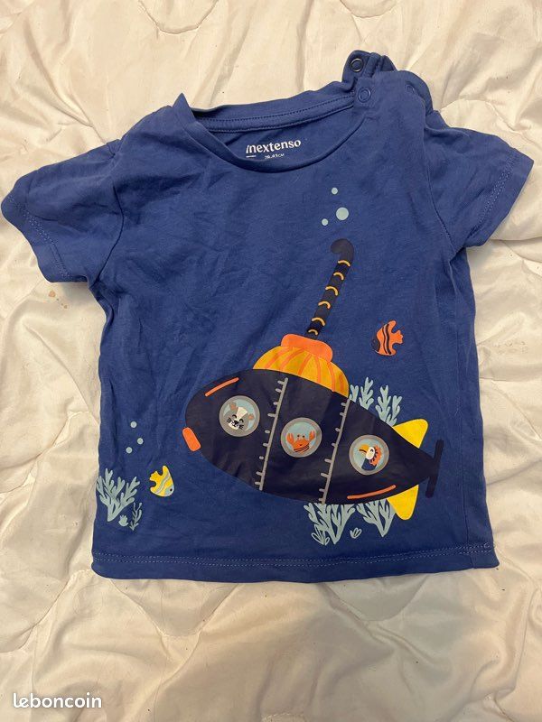 T shirt bleu manches courtes avec sous marin in extenso 12 mois garçon 100%coton (image 1)