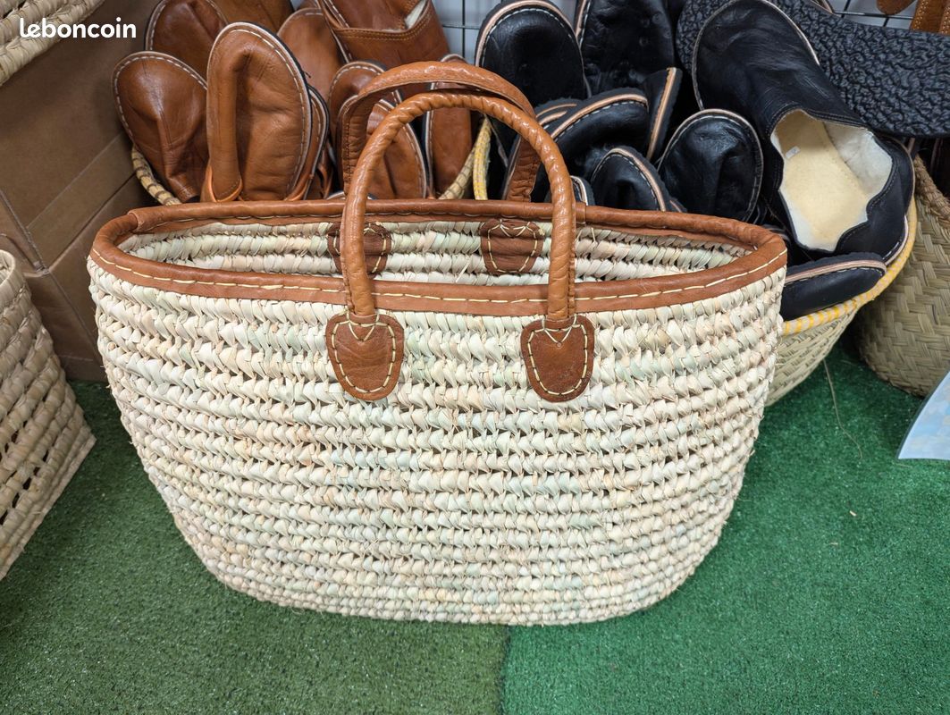 Panier à courses marché paille osier rotin palmier anses en cuir