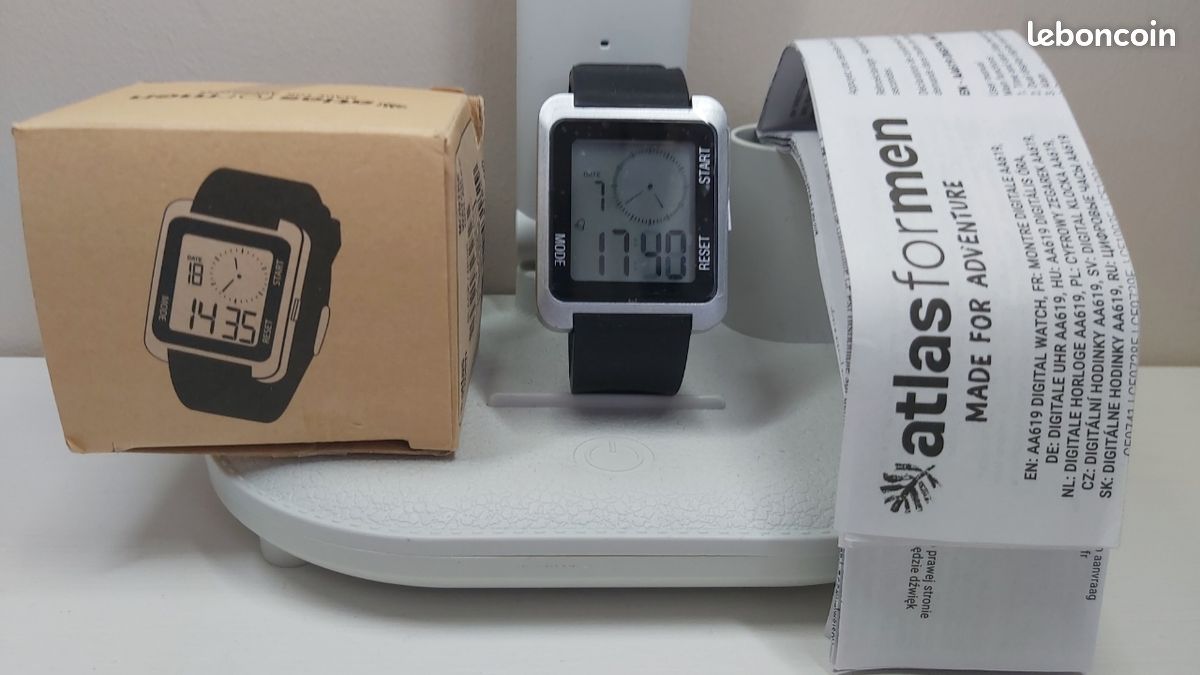 Montre Atlas For Men Jamais Portée - Fonctionne, Pile Neuve, Cadran Noir, Bracelet Simili Cuir, Sport