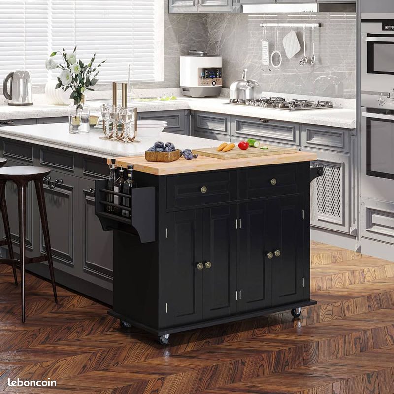 Ilot Cuisine Desserte Multi Rangement Noir Bois (image 4)