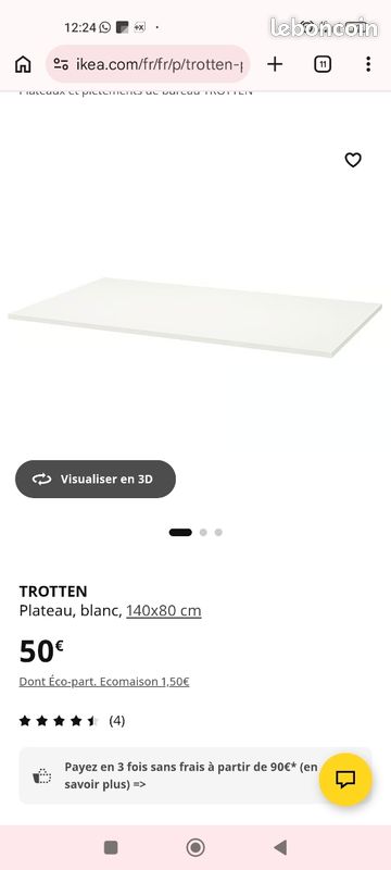 Plateau bureau blanc 140x180 Trotten Ikea (image 3)