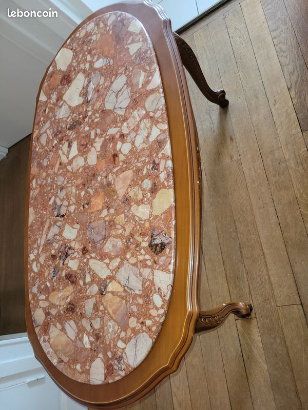Très belle table basse Louis XV en bois et véritable marbre rose/brèche (image 3)
