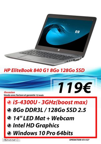 Pc portable HP Elitebook 840 G1 I5-4300U 8Go DDR 128Go SSD 14