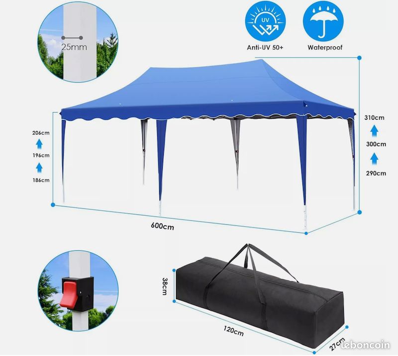 Tonnelle Pliante de Jardin 3x6m - Imperméable avec 6 Côtés – Neuve – Livraison gratuite en France (image 2)
