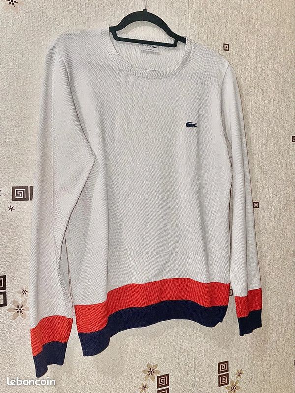 Pull Lacoste coton Blanc coll rond rayé rouge et bleu 100% Made In