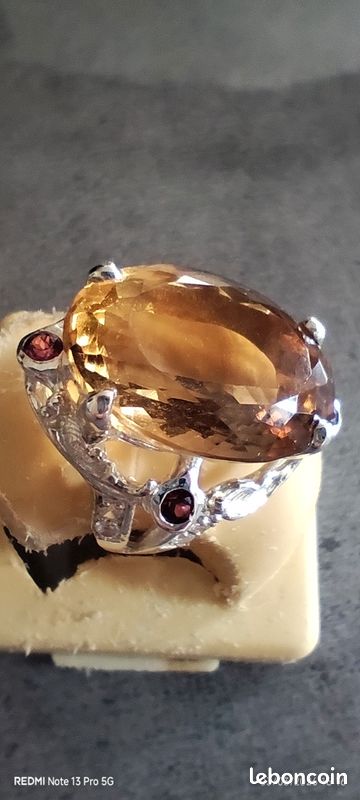 Bague Argent 925 Taille 62 Avec Citrine Madère Et Saphir - Bijou Solitaire Occasion état Neuf