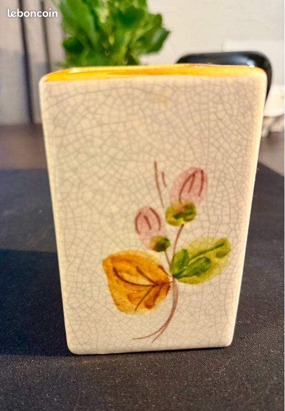 Vase carré vintage en céramique italienne décor floral peint main (image 3)