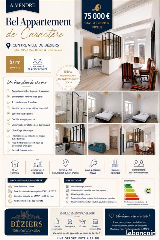 Appartement 3 pièces 57 m² · à Béziers · 57 m² · 75 000 €