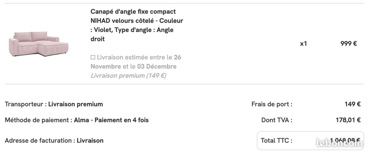 BOBOCHIC Canapé d'angle compact NIHAD velours côtelé Rose - Angle droit (image 10)