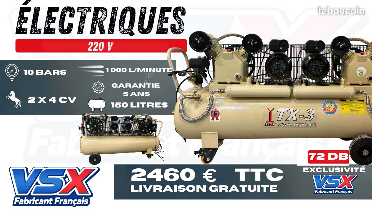 Compresseur Électrique TX-3 BIS Javac 1000 Litres / minute – 2 x 4 CV – Cuve 150 L (image 1)
