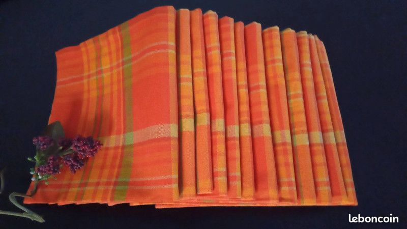 Occasion Gallery Chemin De Table Et Serviettes Coton Motif Écossais - Teinte Orange Terre Cuite - Lot France 16x90 Cm