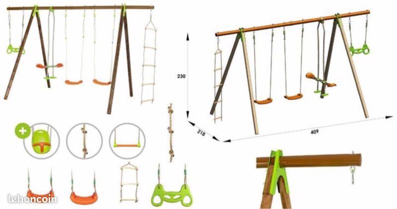 Balançoire Portique bois poutre métal 2,30 m Techwood Premium BAYANO - 6 enfants (image 1)