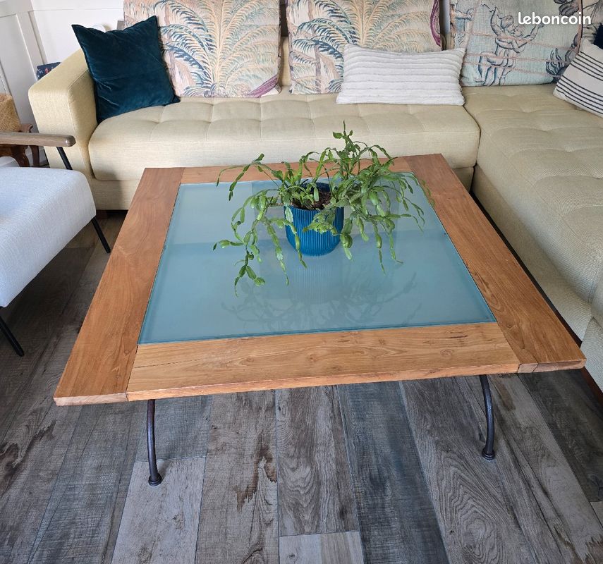 Table basse fer forgé plateau de verre et bois massif (image 10)