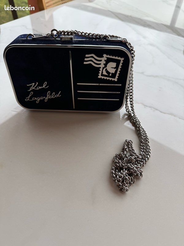 Sac / minaudière Karl Lagerfeld Postcard velours bleu marine – chaîne argentée (image 2)
