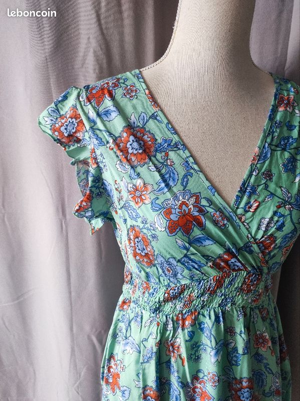 Robe d'été cache cœur turquoise fleurie rouge orangé vintage bohème T38 (image 2)