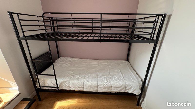 Lit Superposé Métal Noir 90 Cm - Très Bon état - Sans Matelas - Fabriqué France
